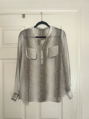 Lightweight Sheer Button Henley Blouse - Neutral Snake Print